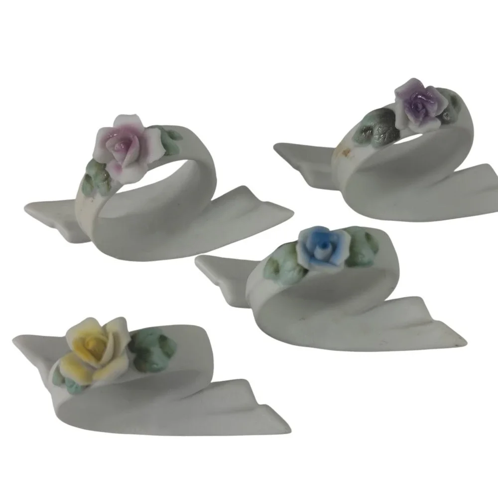 16 Vintage Porcelain Rose Napkin Rings Floral Ribbon Scroll‎ Set Made in Japan